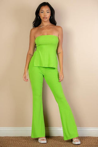 Ribbed Bandeau Top & Flare Pants Set | Trendy Two-Piece Outfit