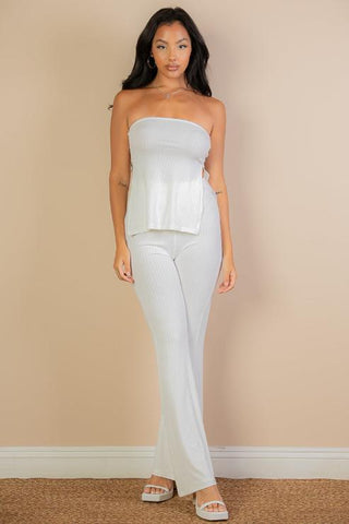 Ribbed Bandeau Top & Flare Pants Set | Trendy Two-Piece Outfit