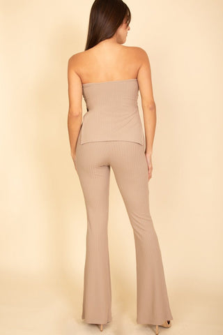 Ribbed Bandeau Top & Flare Pants Set | Trendy Two-Piece Outfit
