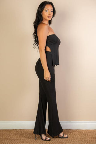 Ribbed Bandeau Top & Flare Pants Set | Trendy Two-Piece Outfit