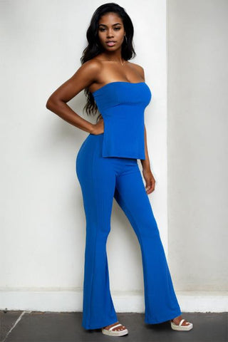 Ribbed Bandeau Top & Flare Pants Set | Trendy Two-Piece Outfit