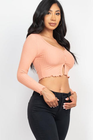 Ribbed Button Front Split Long Sleeve Top