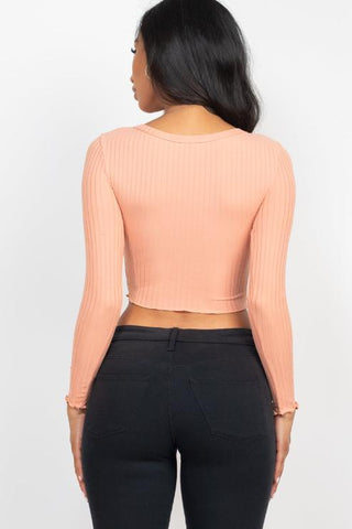 Ribbed Button Front Split Long Sleeve Top