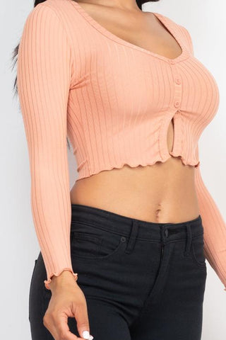 Ribbed Button Front Split Long Sleeve Top