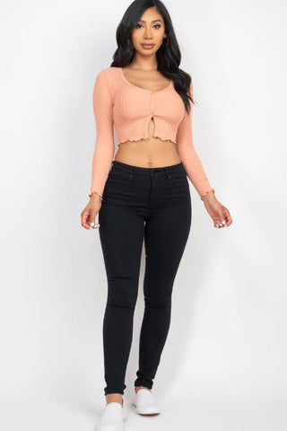 Ribbed Button Front Split Long Sleeve Top
