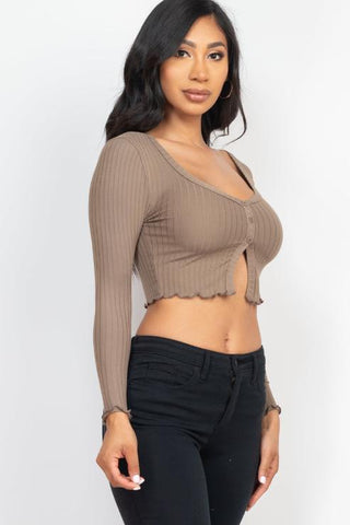 Ribbed Button Front Split Long Sleeve Top