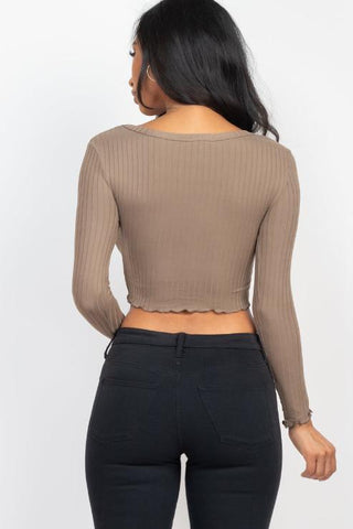 Ribbed Button Front Split Long Sleeve Top