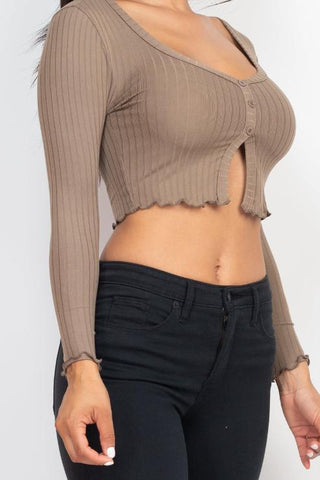 Ribbed Button Front Split Long Sleeve Top