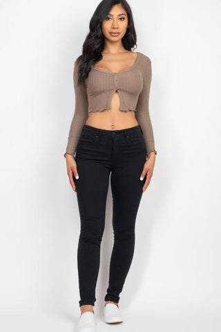 Ribbed Button Front Split Long Sleeve Top