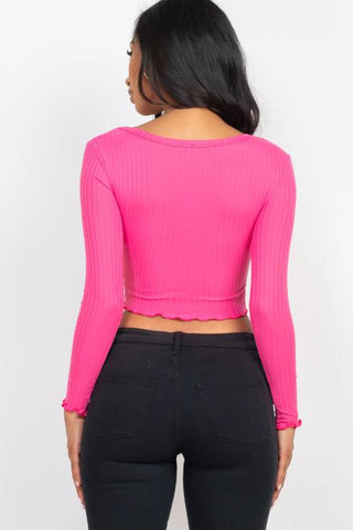 Ribbed Button Front Split Long Sleeve Top