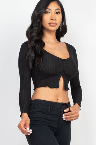 Ribbed Button Front Split Long Sleeve Top