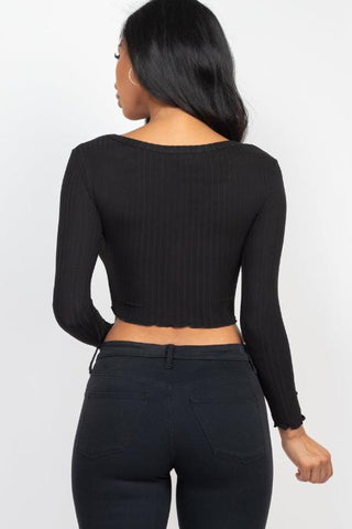 Ribbed Button Front Split Long Sleeve Top