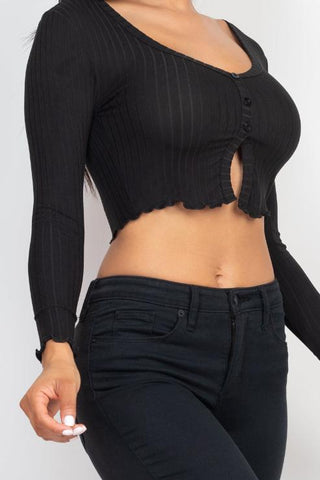 Ribbed Button Front Split Long Sleeve Top