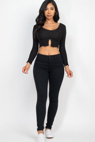 Ribbed Button Front Split Long Sleeve Top