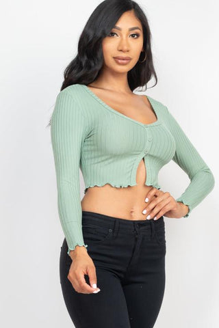 Ribbed Button Front Split Long Sleeve Top
