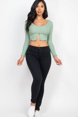 Ribbed Button Front Split Long Sleeve Top
