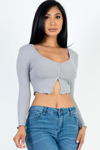Ribbed Button Front Split Long Sleeve Top