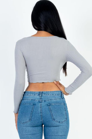 Ribbed Button Front Split Long Sleeve Top