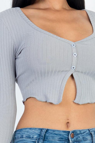 Ribbed Button Front Split Long Sleeve Top