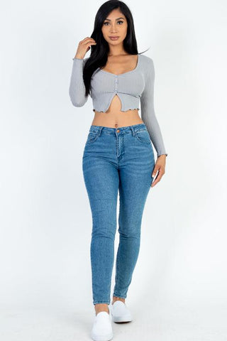 Ribbed Button Front Split Long Sleeve Top