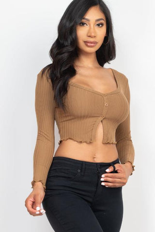 Ribbed Button Front Split Long Sleeve Top