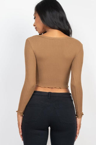 Ribbed Button Front Split Long Sleeve Top