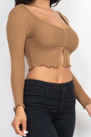 Ribbed Button Front Split Long Sleeve Top