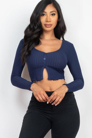 Ribbed Button Front Split Long Sleeve Top