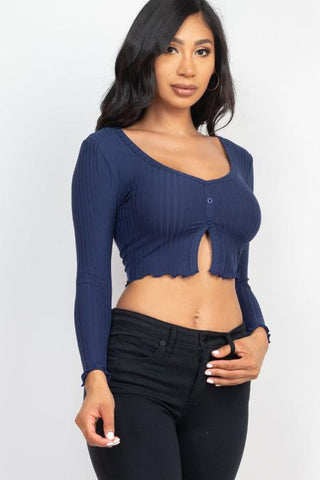 Ribbed Button Front Split Long Sleeve Top