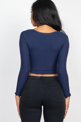 Ribbed Button Front Split Long Sleeve Top