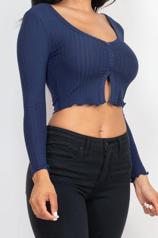 Ribbed Button Front Split Long Sleeve Top