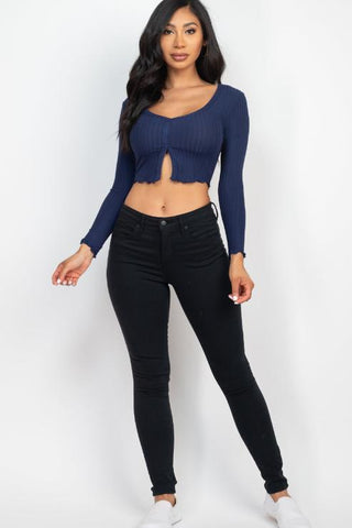Ribbed Button Front Split Long Sleeve Top