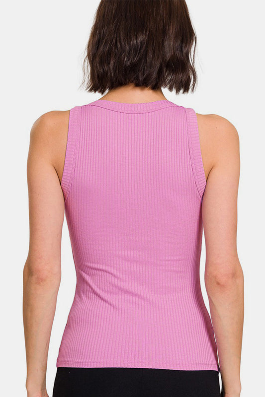 Ribbed crew neck tank in pink, featuring an opaque, slightly stretchy fit with 95% rayon and 5% spandex, back view.