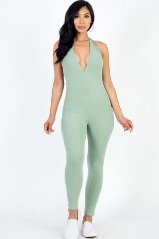 Ribbed Halter Neck Bodycon Jumpsuit | Tie Back