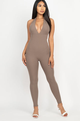 Ribbed Halter Neck Bodycon Jumpsuit | Tie Back