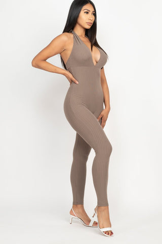 Ribbed Halter Neck Bodycon Jumpsuit | Tie Back