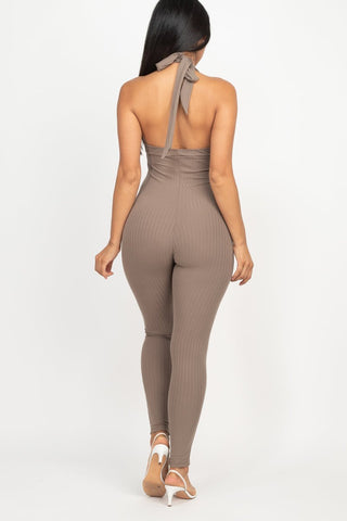 Ribbed Halter Neck Bodycon Jumpsuit | Tie Back