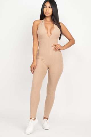 Ribbed Halter Neck Bodycon Jumpsuit | Tie Back