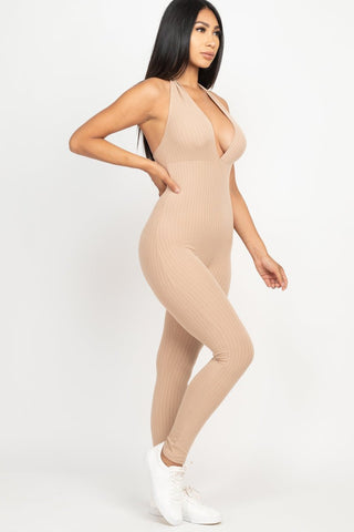 Ribbed Halter Neck Bodycon Jumpsuit | Tie Back