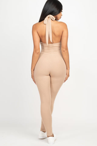 Ribbed Halter Neck Bodycon Jumpsuit | Tie Back