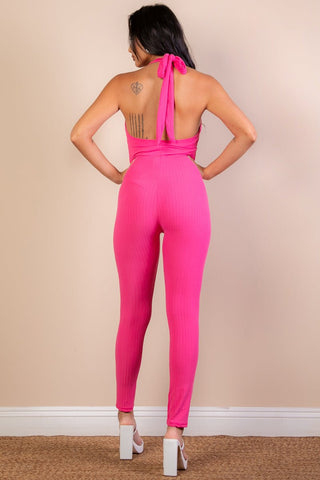 Ribbed Halter Neck Bodycon Jumpsuit | Tie Back