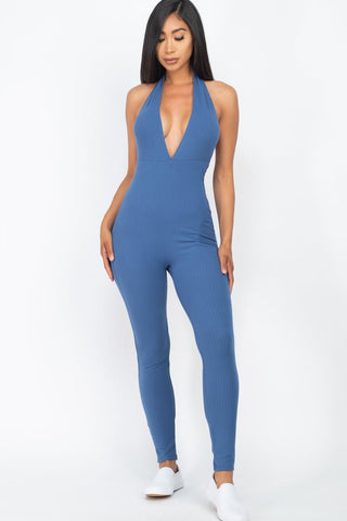 Ribbed Halter Neck Bodycon Jumpsuit | Tie Back