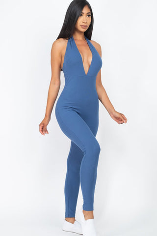 Ribbed Halter Neck Bodycon Jumpsuit | Tie Back