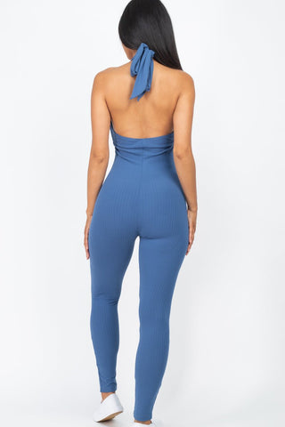 Ribbed Halter Neck Bodycon Jumpsuit | Tie Back