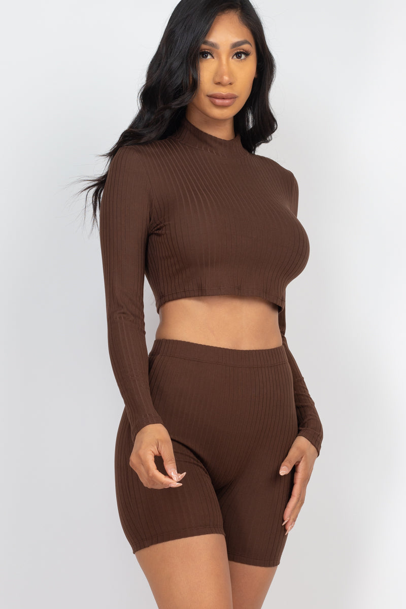 Ribbed Mock Neck Crop Top & Shorts Set