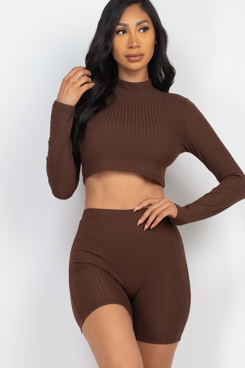 Ribbed Mock Neck Crop Top & Shorts Set