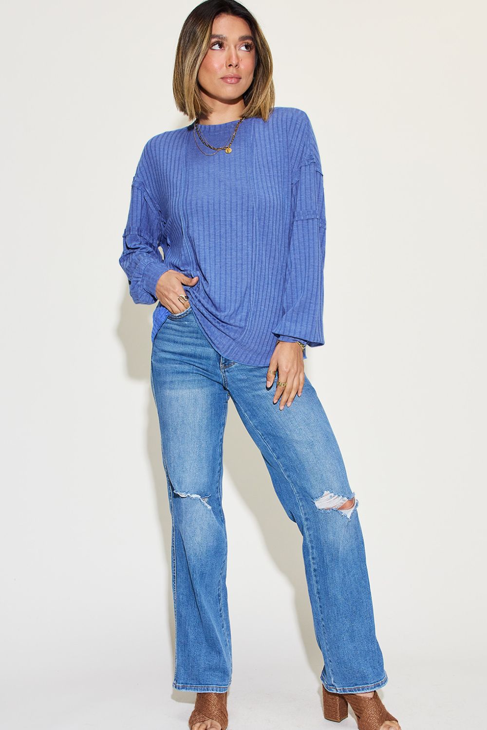 Ribbed Round Neck Long Sleeve T-Shirt