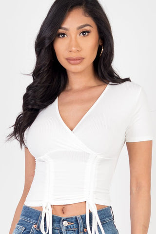 Ribbed Ruched Drawstring Surplice Top