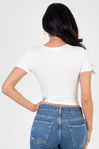 Ribbed Ruched Drawstring Surplice Top