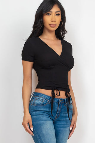 Ribbed Ruched Drawstring Surplice Top